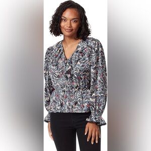 Sam Edelman Black Floral Ruffle V-Neck Blouse XS